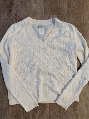 CAbi White V-Neck Cable Knit Sweater
